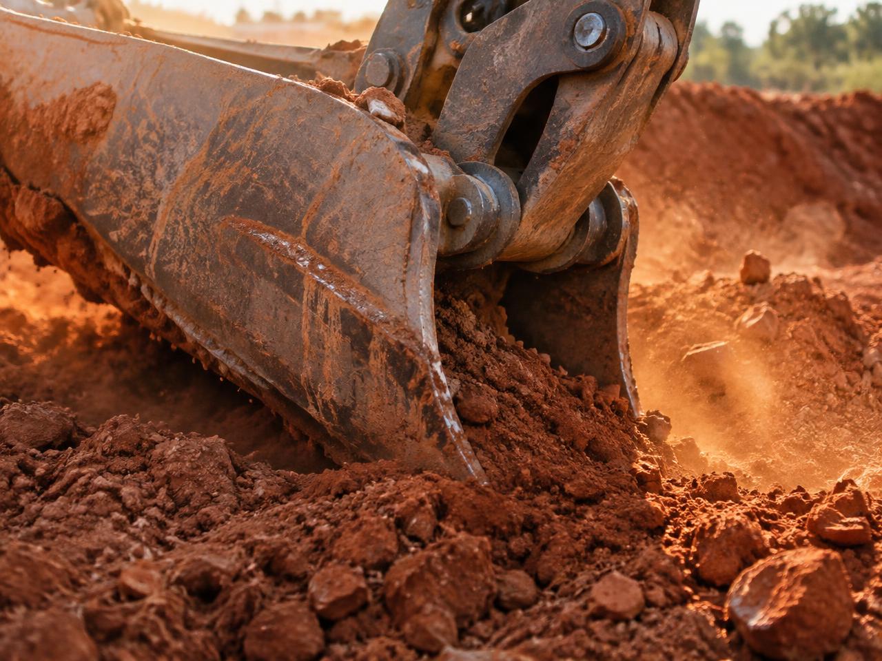 Steel excavator bucket moving red clay during land excavation