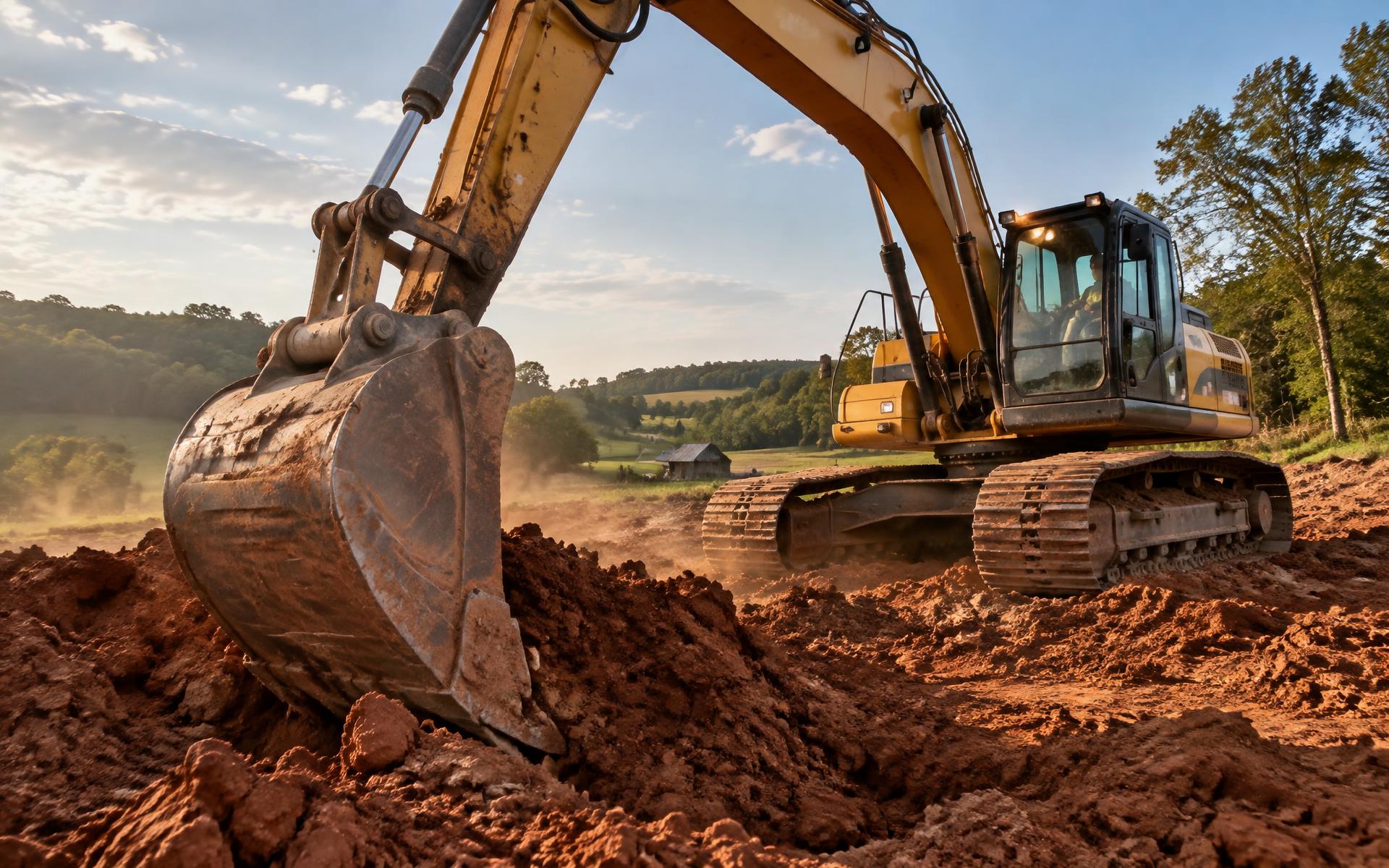Yellow excavator digging red clay on a rural job site near Columbia, Kentucky